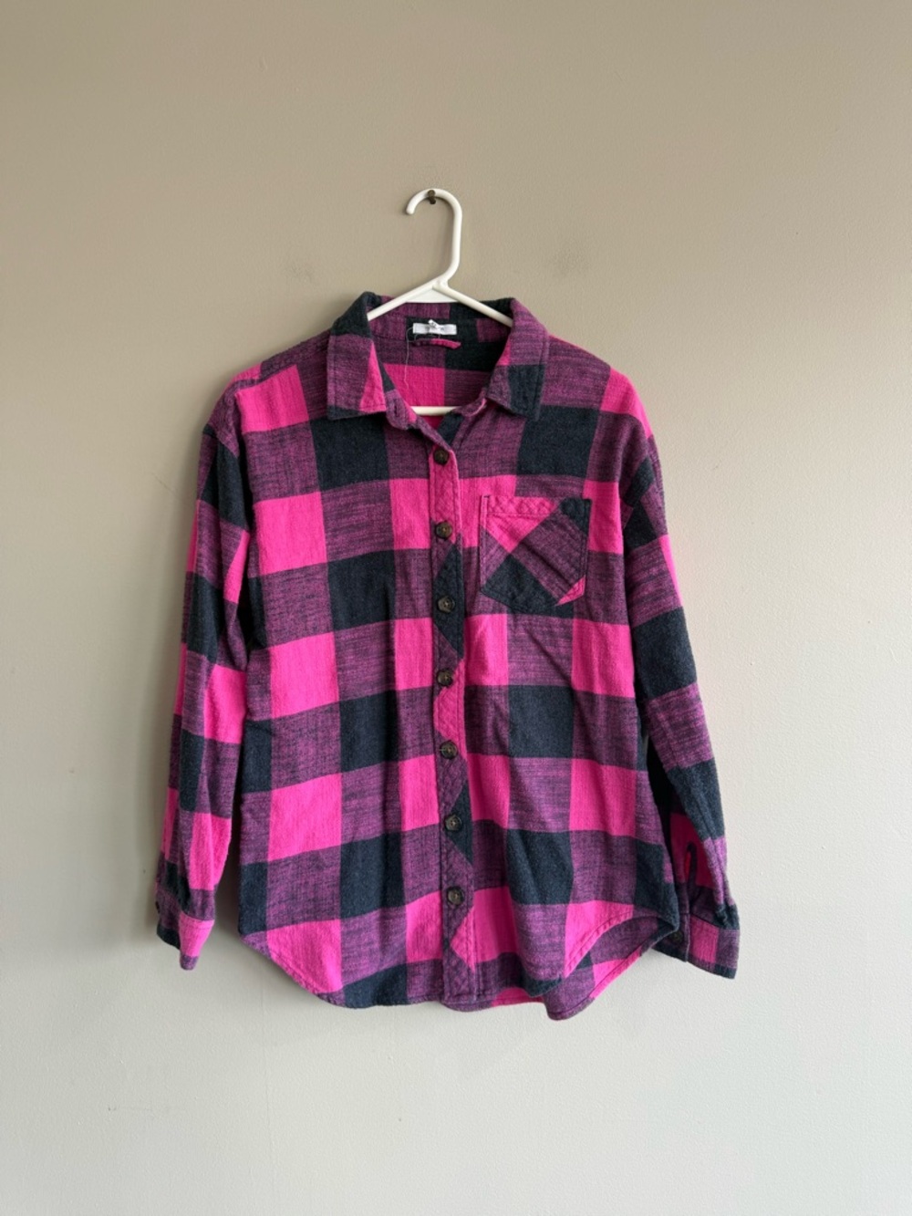Maurices OVERSIZED Pink and Charcoal Plaid Button-Down Flannel Shirt